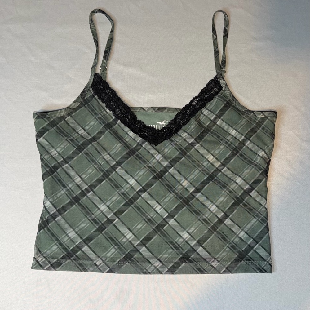 Hollister Green Plaid Lace Trim Cami Crop Tank Y2K Grunge Size S